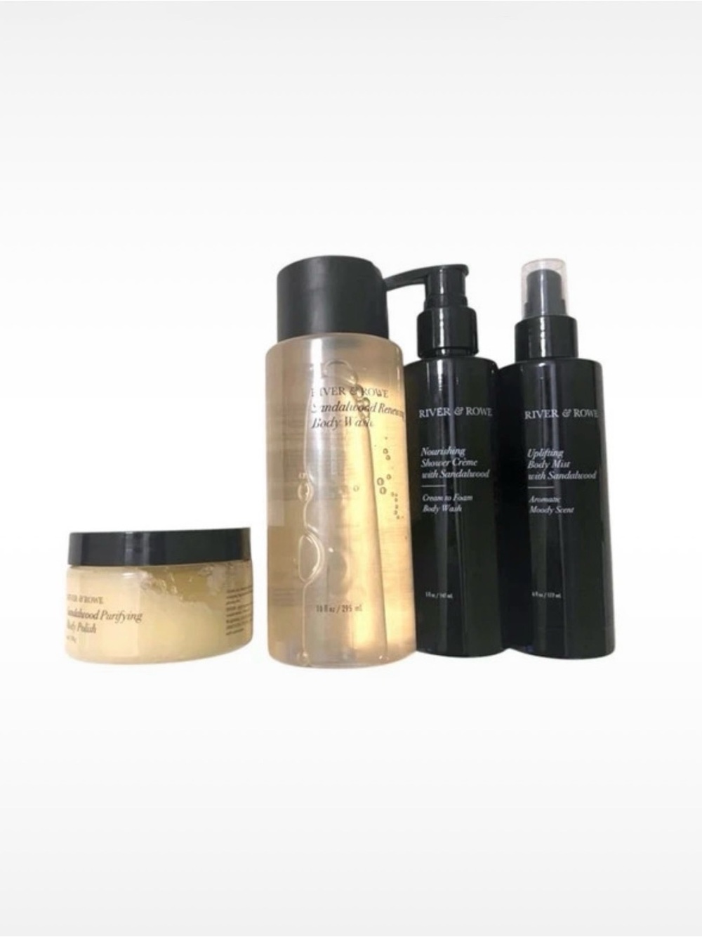 4 piece set River & Rowe Sandalwood Shower Creme Body Mist Wash Polish New